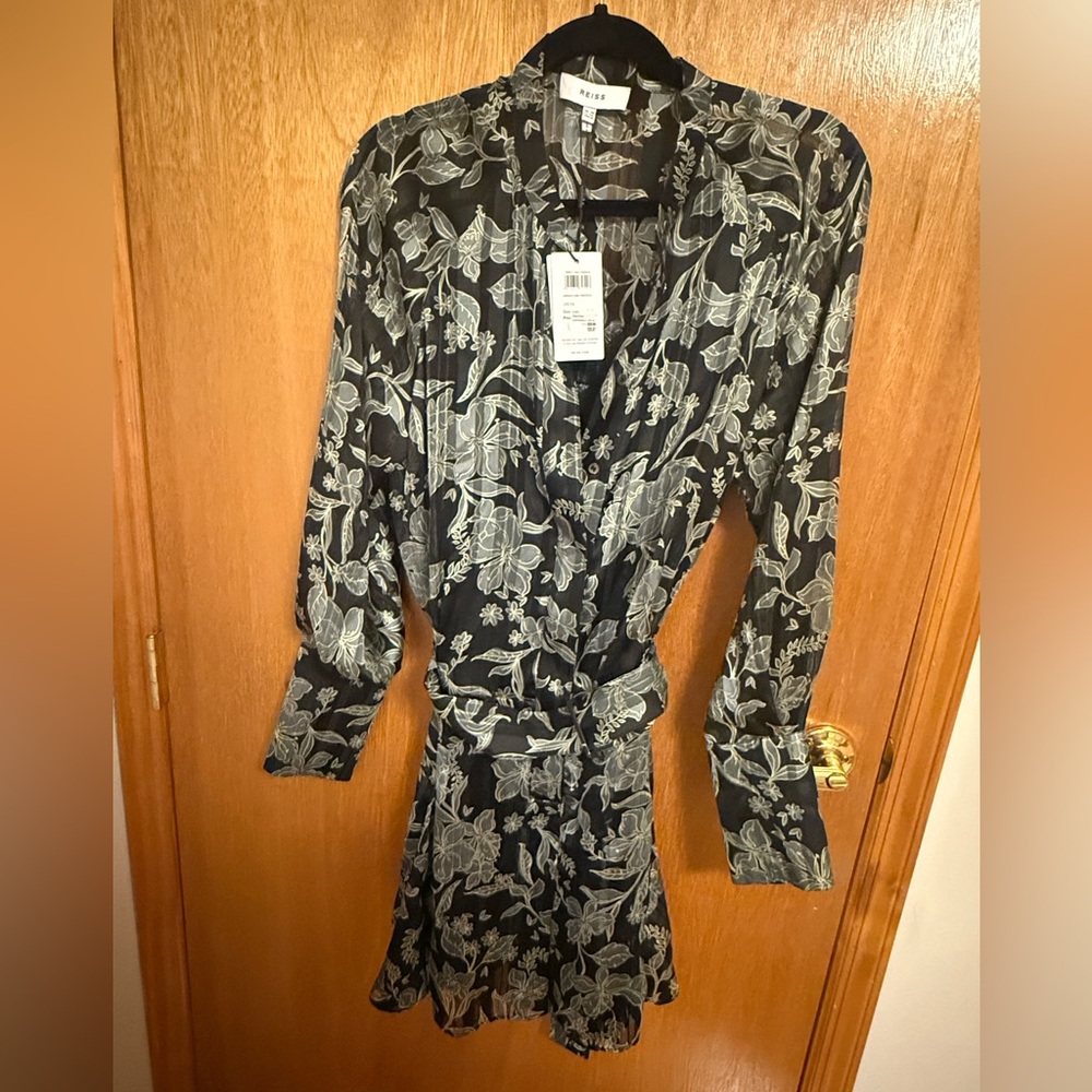 Reiss Larissa Black Floral Long Sleeve Belted Mini Dress - Picture 11 of 11